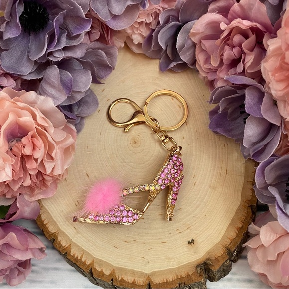 Pink Crystal High Heel Sandal with Pink Pom Pom Keychain Charm - Picture 8 of 11